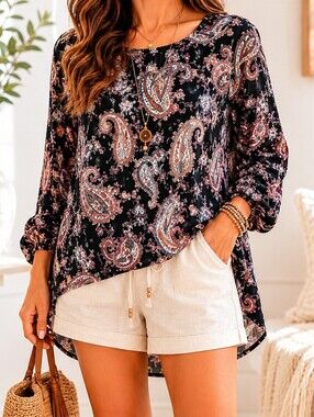 🇨🇦 Paisley Tunic Blouse XL High Low Hem Boho Flowy Top Made in Canada